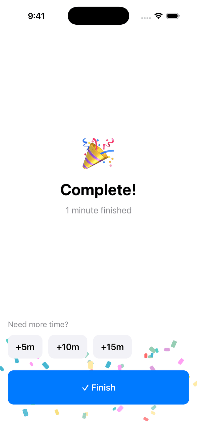 Timer complete with confetti celebration