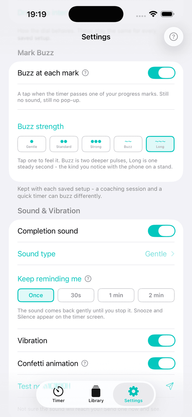Five buzz strengths for progress marks, from Gentle to Long