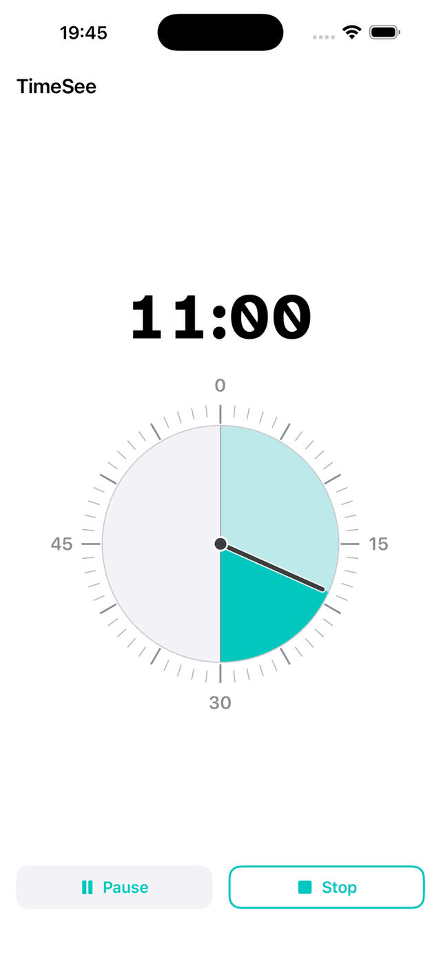 Analog clock style timer showing elapsed time in a lighter shade on a 60-minute dial