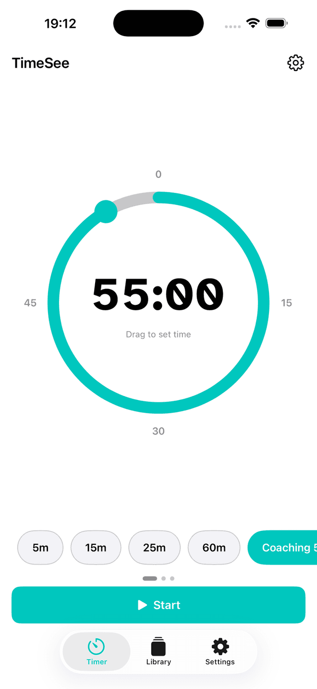 TimeSee on iPhone - a draggable ring timer set to 55 minutes, with Timer, Library and Settings tabs