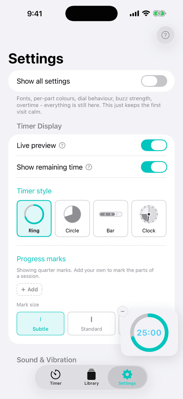 Simplified settings screen with a single Show all settings switch at the top, followed by a short calm list of essentials