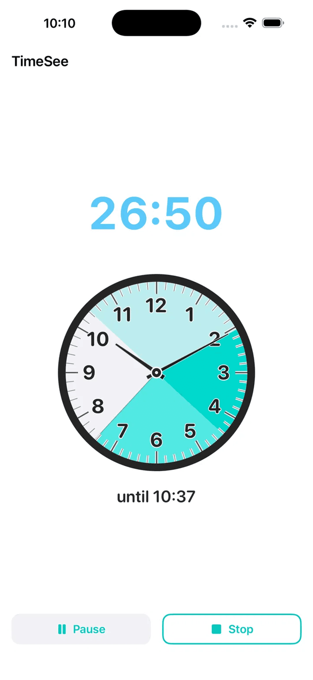 Wall Clock timer style on iPhone showing 26:50 left above a real clock face at ten past ten, the session drawn across it in coloured bands, with until 10:37 written underneath